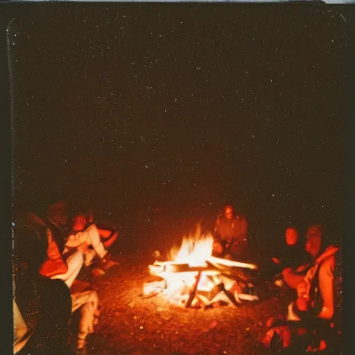 Image similar to retro 90s granular polaroid outdoors photo of an African American rapper near a campfire, flash photography, image artifacts