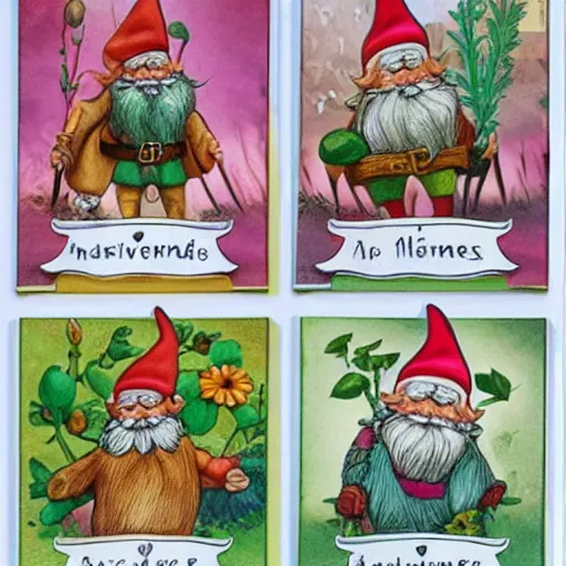 Image similar to collecting cards of undercover super garden gnomes and their magical attributes, borders,