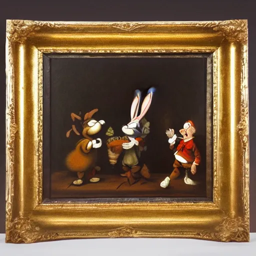 Prompt: Bugs Bunny and Elmer Fudd in the style of Rembrandt, oil on canvas, painting