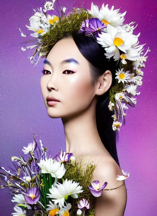 Prompt: beautiful asian woman portrait with a smooth carved porcelain ivory profile face, futuristic haute couture astronaut suit draped in flowers and mushroom, iris van herpin, headdress with daisies and lotus, hyper detailed, ultra sharp, 8 k