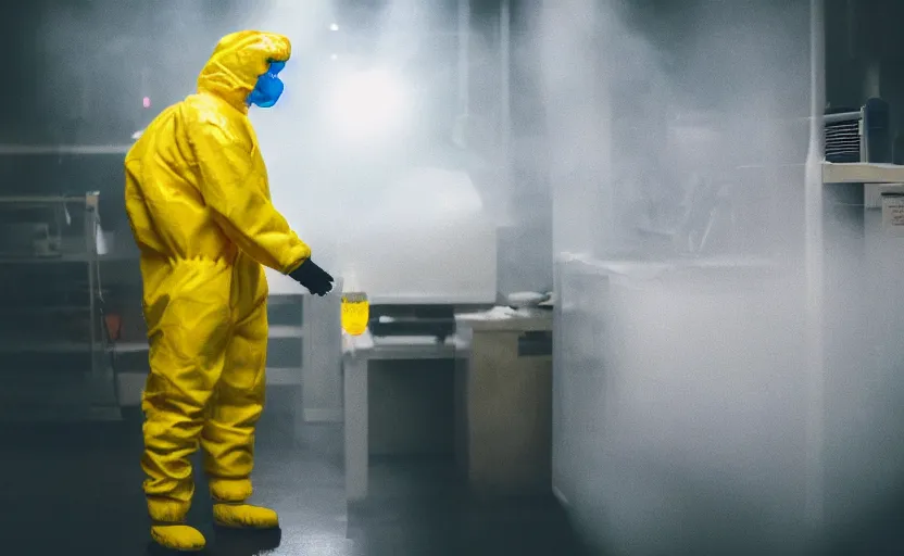 Image similar to a person in a yellow hazmat suit handling a teddy bear with oversized gloves in a dark laboratory, hazy atmosphere, sharp focus, moody lighting, imax, dystopian