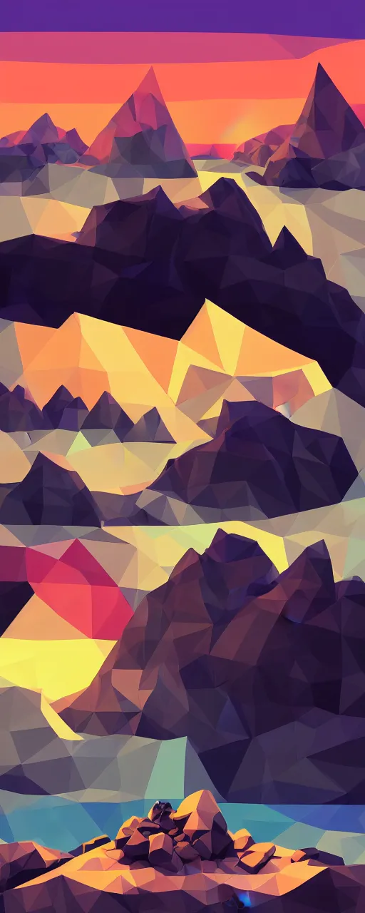 Image similar to super detailed color cutout lowpoly art, northern sunset with rocks on front, monochrome photorealistic bay in the middle of perspective and mountains at background, big graphic vessel in the middle of composition, unreal engine, high contrast color palette, 3 d render, lowpoly, colorful, digital art, perspective, full volume composition, robb cobb, robert mccall, syd mead