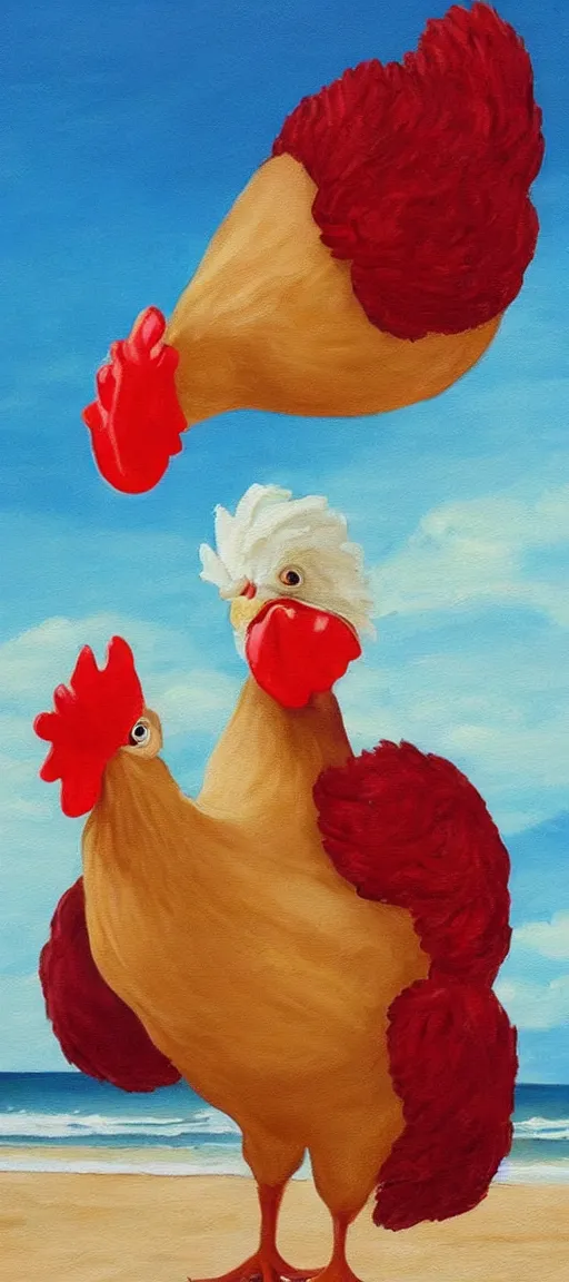 Image similar to beautiful painting of a giant chicken with lips that is eating KFC on the beach