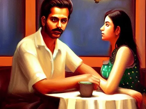 Image similar to masterpiece painting by salman toor, of a guy and a girl on a date in a restaurant, cinematic light, renaissance, atmospheric effects, artstation