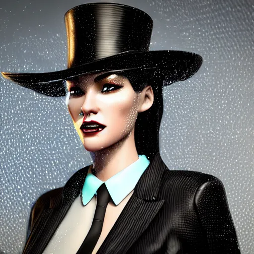 Image similar to stylish woman cartoon portrait made out of rain, pinstripe suit, top hat, cyberpunk background, rendered in octane, unreal engine, highly detailed, trending on artstation, realistic, neon, beautiful