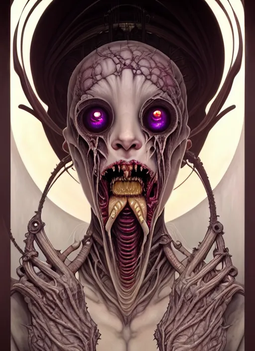 Prompt: symmetry!! portrait of grotesque and gruesome female, cosmic horror, lovecraftian horror, intricate, horror!! highly detailed, digital painting, artstation, giger concept art, smooth, sharp focus, illustration, art by artgerm and greg rutkowski and alphonse mucha and junji ito, 8 k