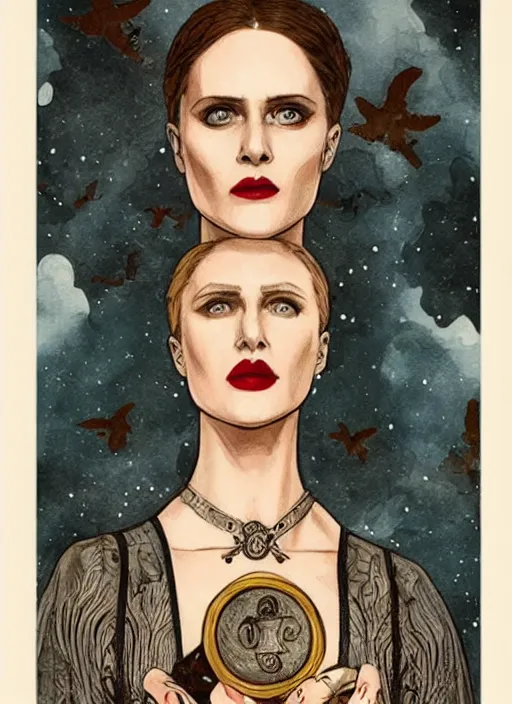 Prompt: tarot card of dolores ( evan rachel wood ) from westworld, beautiful portrait, steelblue dress, elegant, clear clean face, sam guay style