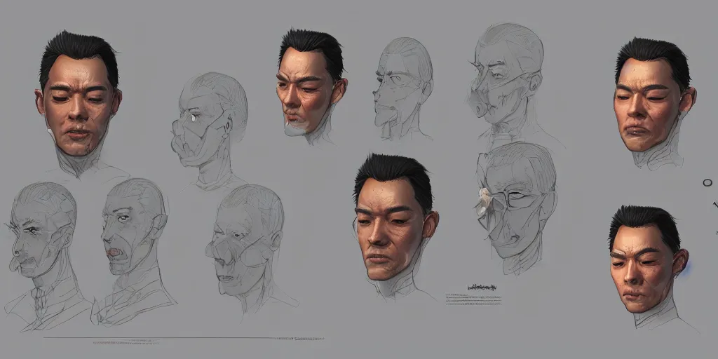 Image similar to man with a beautiful face, character sheet, concept design, contrast, hot toys, kim jung gi, greg rutkowski, zabrocki, karlkka, jayison devadas, trending on artstation, 8 k, ultra wide angle, pincushion lens effect