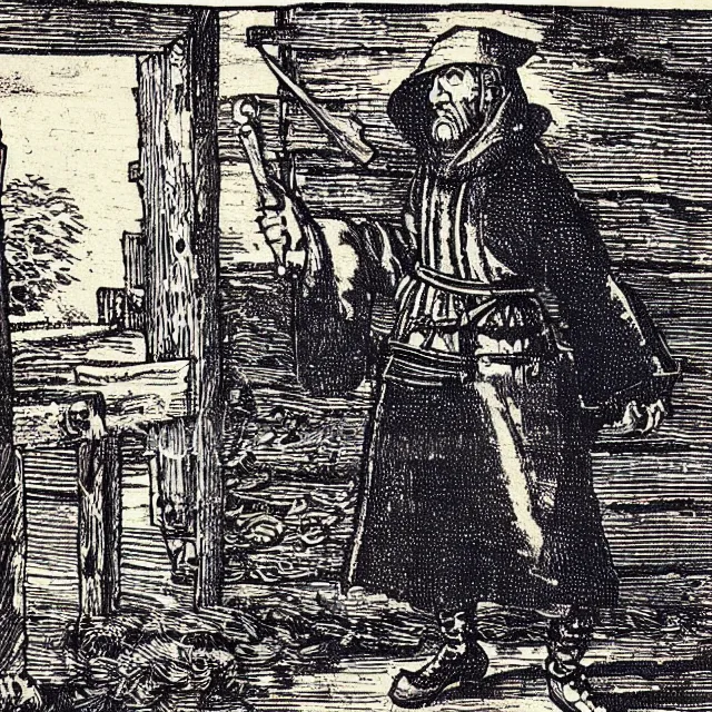 Prompt: “A woodcut of a german tollkeeper by Melchior Lorck (1512)”