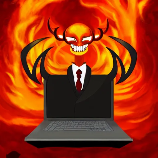 Image similar to a demon programmer gentleman ~ using a laptop ~ evil smile ~ lava background ~ digital art ~ two horns ~