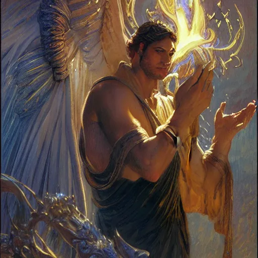 Image similar to attractive male deity casts light spell, summons attractive male lucifer morningstar. highly detailed painting by gaston bussiere, craig mullins, j. c. leyendecker 8 k