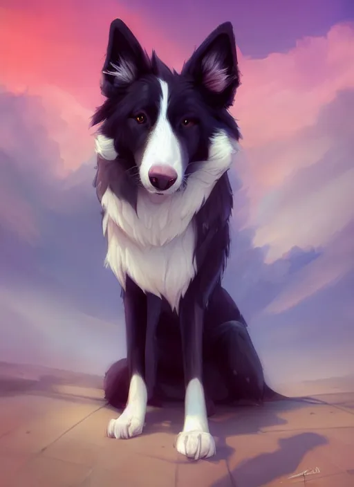 Image similar to wide angle beautiful full body portrait of a cute male anthropomorphic border collie fursona wearing a t - shirt and posing in front of a park, character design by charlie bowater, henry asencio, and ross tran, furry art, furaffinity, scenic background, beautiful, glamor pose, detailed, trending on artstation