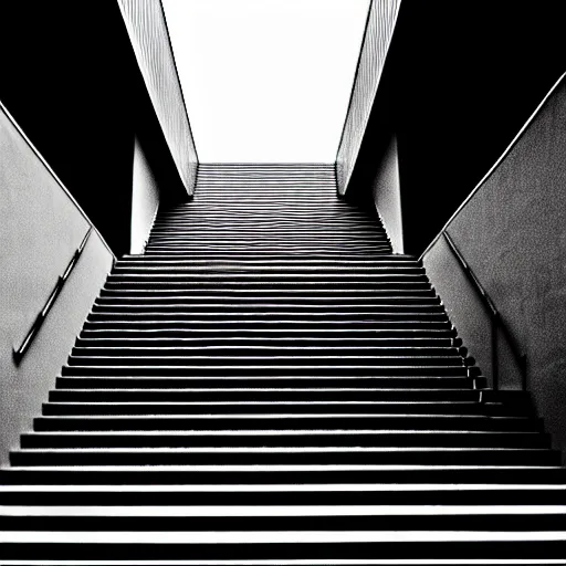 Image similar to black and white surreal photograph, highly detailed vast space made of stairsteps, sideview, detailed textures, natural light, mist, architecture photography, film grain, soft vignette, sigma 1 4 mm f / 1. 4 1 / 1 0 sec shutter, imax 7 0 mm footage