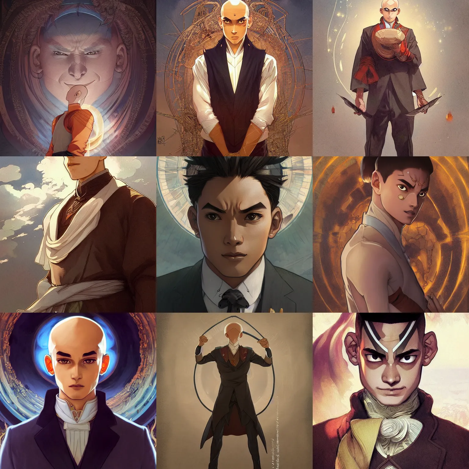 Prompt: a beautiful illustration of aang wearing a business suit, intricate, sharp focus, illustration, highly detailed, digital painting, concept art, matte, art by wlop and artgerm and greg rutkowski and alphonse mucha, masterpiece