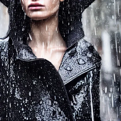 Prompt: close up of a wet fashion model in luxury dress, rainy, official valentino editorial, highly detailed