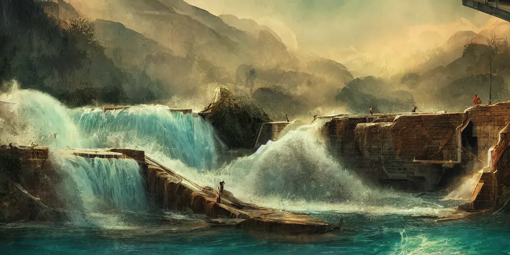 Image similar to dam breach, powerful water flowing, utopian happy atmosphere, incredible masterpiece of digital art, concept art illustration, award - winning, retro futurism