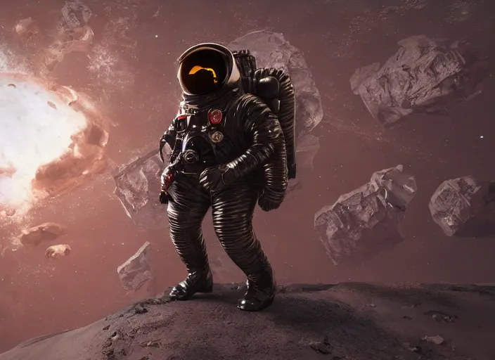 Image similar to still of satanic unholy astronaut wearing a space suit during the first space mission in world war one, mars setting, devilpunk, concept art, artstation, stephen bliss, unreal engine, game screenshot