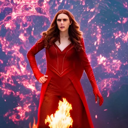 Image similar to high resolution photo of scarlet witch using her powers to light a tree on fire, 4 k, award winning photography.