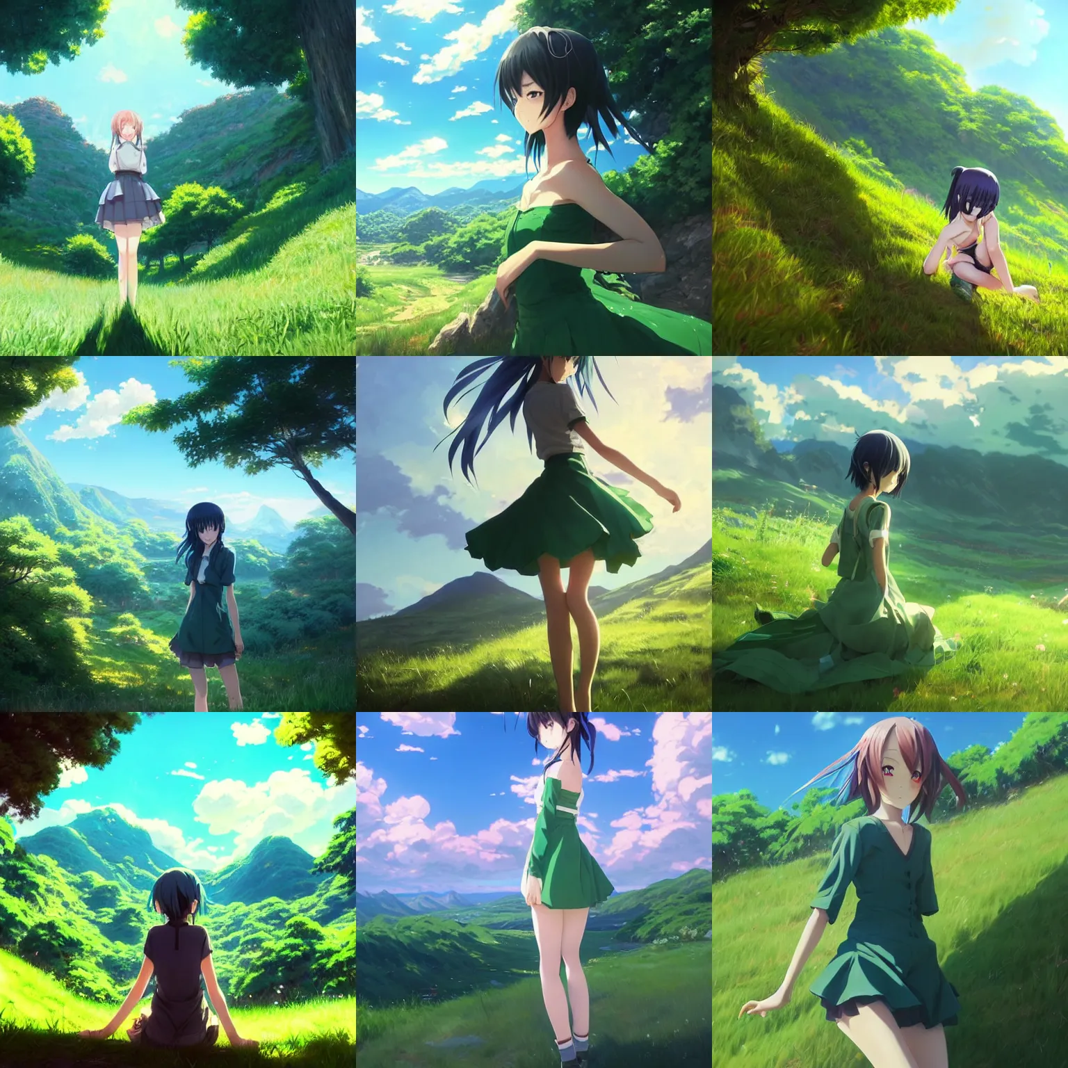 Prompt: anime girl in beautiful green valley and blue skies digital art extremely detailed eyes full body lanscape by greg rutkowski by Makoto Shinkai trending on artstation pixiv, octane render, dynamic lighting, intricate detail, summer vibrancy, cinematic cgsociety, Award Winning, hyperdetailed Unreal Engine 4k 8k ultra HD, Stanley Artgerm Lau, WLOP, Rossdraws, James Jean Marc Simonetti