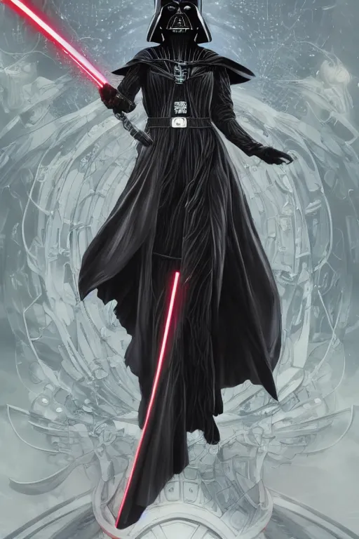 Image similar to anime key visual of a female darth vader goddess!!, intricate, stunning, highly detailed, digital painting, artstation, smooth, hard focus, starwars, sith, dark side, villain, the force, lucas films, illustration, art by artgerm and greg rutkowski and alphonse mucha