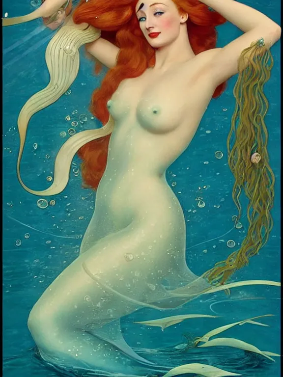 Image similar to Sophie turner as the little mermaid, a beautiful art nouveau portrait by Gil elvgren, beneath the ocean waves glowing jellyfish environment, centered composition, defined features, golden ratio, intricate seashell jewelry that glows