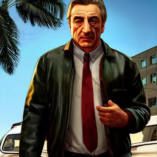 Image similar to robert deniro as a gta5 character, video game art, cover art, grand theft auto