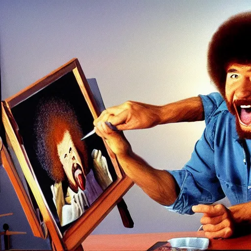 Prompt: bob ross painting armageddon and screaming