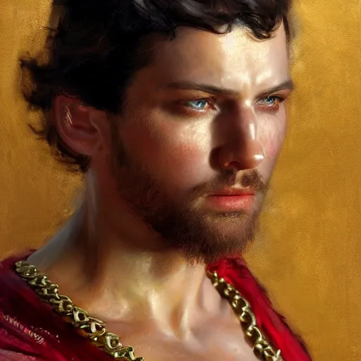 Image similar to detailed realistic cinematic wide shot of beautiful attractive muscular roman empreror gold chain wearing royal red clothes slim face symettrical face clean skin black eyes black robe smooth, sharp focus, ultra realistic, spring light, painting by gaston bussiere, craig mullins, j. c. leyendecker