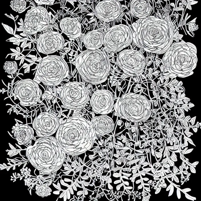 Image similar to line art drawing with a ranunculus surrounded by fern vines, black ink, ornate, detailed