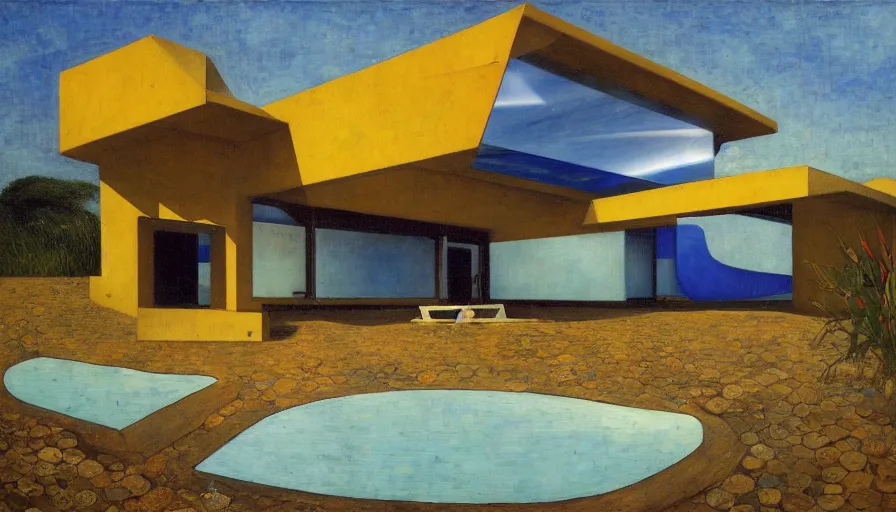 Prompt: 1 9 9 8 brazilian beach house designed by arthur bispo do rosario, jules bastien - lepage, tarsila do amaral, frank weston and gustave baumann, trending on artstation, mediterranean, brutalism, sharp focus, colorful refracted sparkles, star lines, soft light, 8 k
