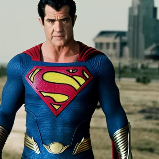 Image similar to Mel Gibson as superman, movie still, 4K, high quality