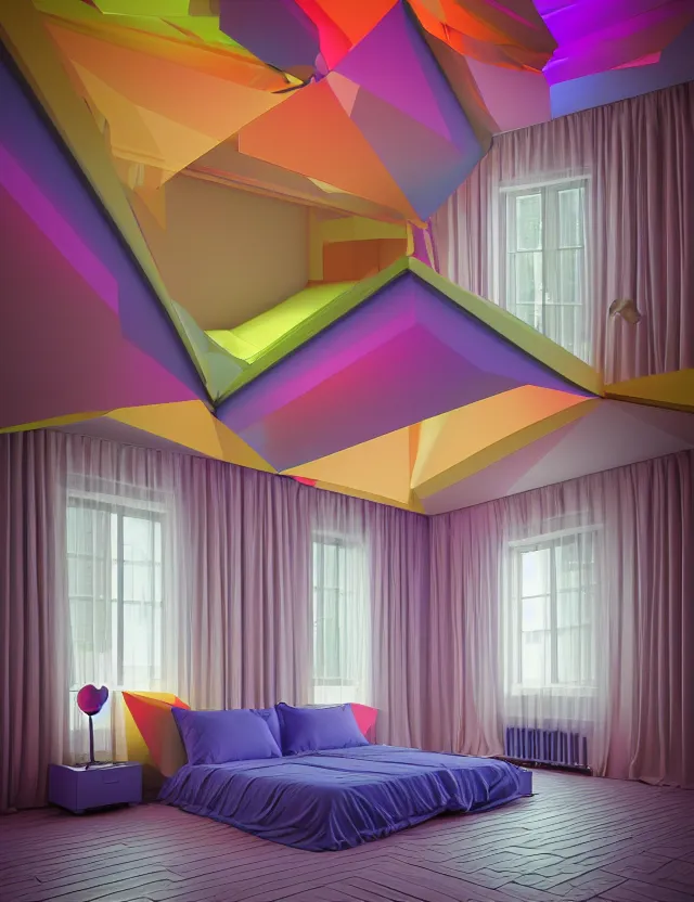 Image similar to dreamlike photo of floating bed in a giant room with bright windows opening to glowing eternity, bright colors by andrzej sykut by lee madgewick, photorealistic, folded geometry, octane render, recursive, high contrast, pretty color, multiverse, labyrinthine