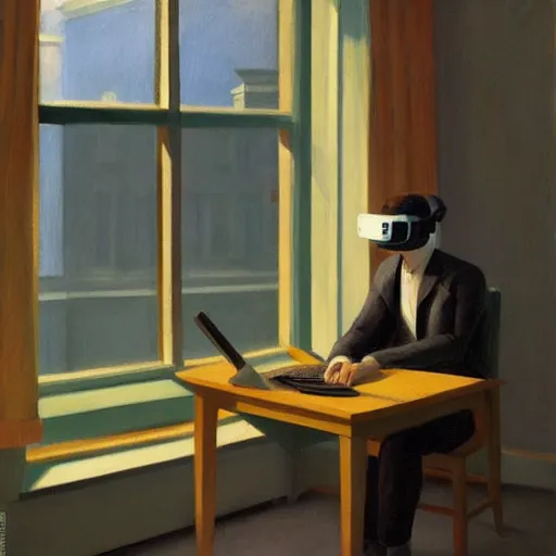 Image similar to A fine art painting of a man wearing Vr goggles and creating the metaverse at a desk through a window on a British street. In the style of Edward Hopper and Wes Anderson