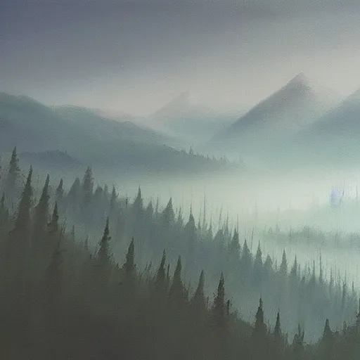 Prompt: award - winning acrylic painting misty landscape forest mountainous trending on artstation