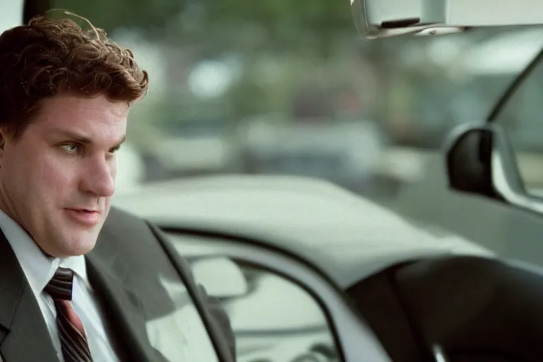 Image similar to cinematic still of portly clean-shaven white man wearing suit and necktie and short curly blond hair as car salesman in 1994 film, XF IQ4, f/1.4, ISO 200, 1/160s, 8K, RAW, dramatic lighting, symmetrical balance, in-frame