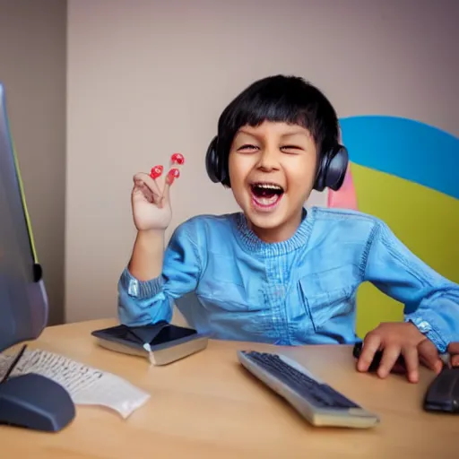 Image similar to child shout on his mother who play computer games and smile.