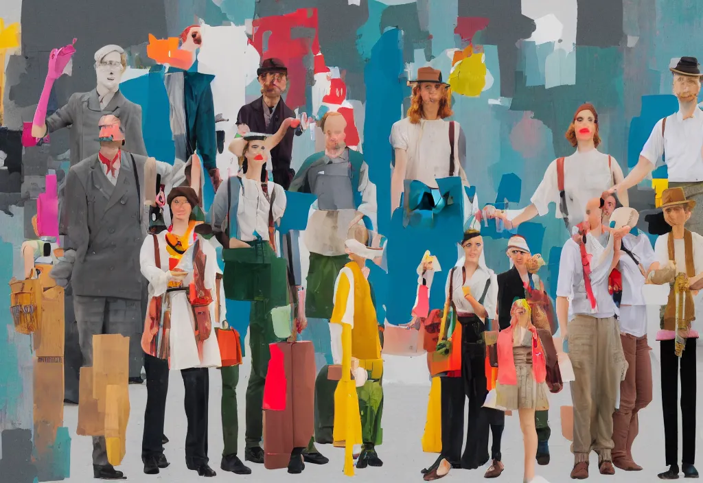 Image similar to a row of european tourists standing with a variety of poses and props, character designs, a collage painting, in the style of wes anderson, lola dupre, david hockney, isolated on negative white space background dark monochrome neon spraypaint accents volumetric octane render