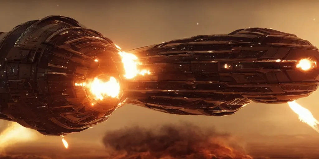Prompt: exploding spaceship from the movie dune, 2 0 2 1 cinematic 4 k framegrab, intricate abstract spaceship floating detailed docking ports, lots of explosions all over the spaceships