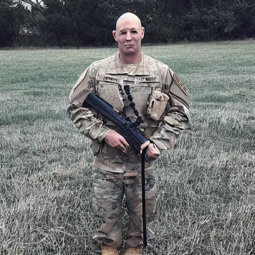 Image similar to “a short, strong, bald, buff, 35 year old man in a US Army Uniform standing in the middle of a field with a grumpy look on his face”