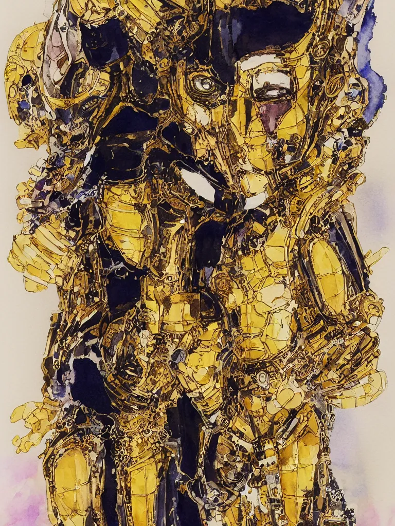 Image similar to a Royal portrait of gold android woman as illustrated by Yoshitaka Amano. 1991. Watercolor and Acrylic on Paper