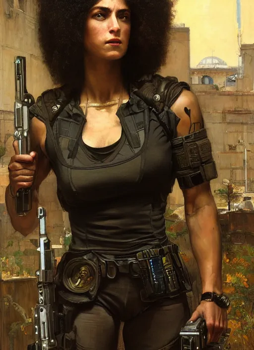 Prompt: buff Maria. beautiful cyberpunk soldier wearing a military vest and military gear (cyberpunk 2077). gorgeous face and afro. Iranian orientalist portrait by john william waterhouse and Edwin Longsden Long and Theodore Ralli and Nasreddine Dinet, oil on canvas. Cinematic, hyper realism, realistic proportions, dramatic lighting, high detail 4k