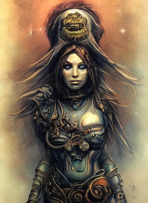 Image similar to portrait of female space pirate, night sky background, beautiful! coherent! by brom, by brian froud, deep color, strong line, high contrast