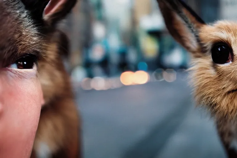 Image similar to closeup potrait of Eevee on a new york sidewalk, natural light, sharp, detailed face, magazine, press, photo, Steve McCurry, David Lazar, Canon, Nikon, focus