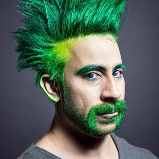 Prompt: photo of chuckchi man with green mohawk hair