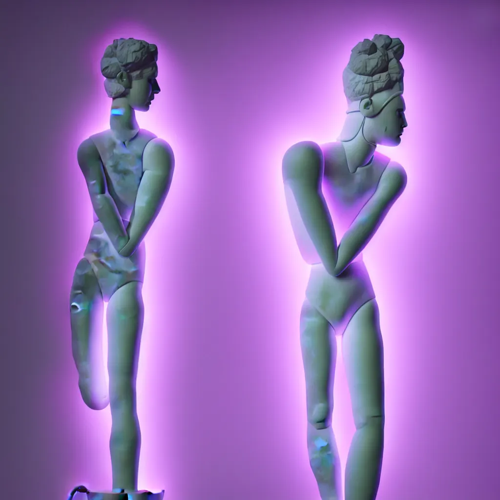 Image similar to beautiful marble sculpture of a mannequin by billelis + lit with 3 d geometric neon + moon in background!, facing a doorway opening with neon pink geometric light + hosta flowers!!, award winning, clean linework, dramatic, finely detailed, 4 k, trending on artstation, photorealistic, volumetric lighting, octane render