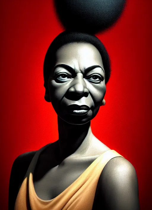 Image similar to hyper detailed 3 d render like an oil painting - portrait of nina simone, houdini algorithmic generative render, abstract brush strokes, masterpiece, edward hopper and james gilleard, zdzislaw beksinski, mark ryden, wolfgang lettl, hints of yayoi kasuma, octane render, 8 k