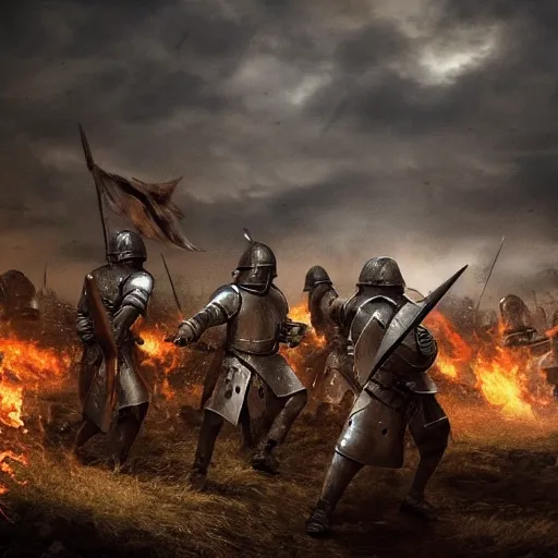 Image similar to A war-torn village scattered with bodies while knights walk through, cinematic, raining, clouds, flames, 8k resolution, outstanding detail, sharp, upscaled, trending, war, muted colors