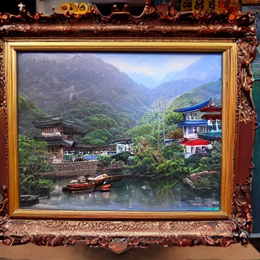 Prompt: a portrait in jiufen taiwan an oil painting by ross tran and thomas kincade