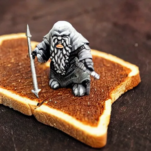 Prompt: a dwarven d&d miniature on a slice of toast