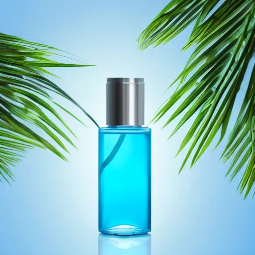 Image similar to perfume bottle standing in splashing tropical water, surrounded by leafy trees, light pastel blue sky and clouds in the background, softly - lit, soft - warm, zen, light, modern minimalist f 2 0 clean